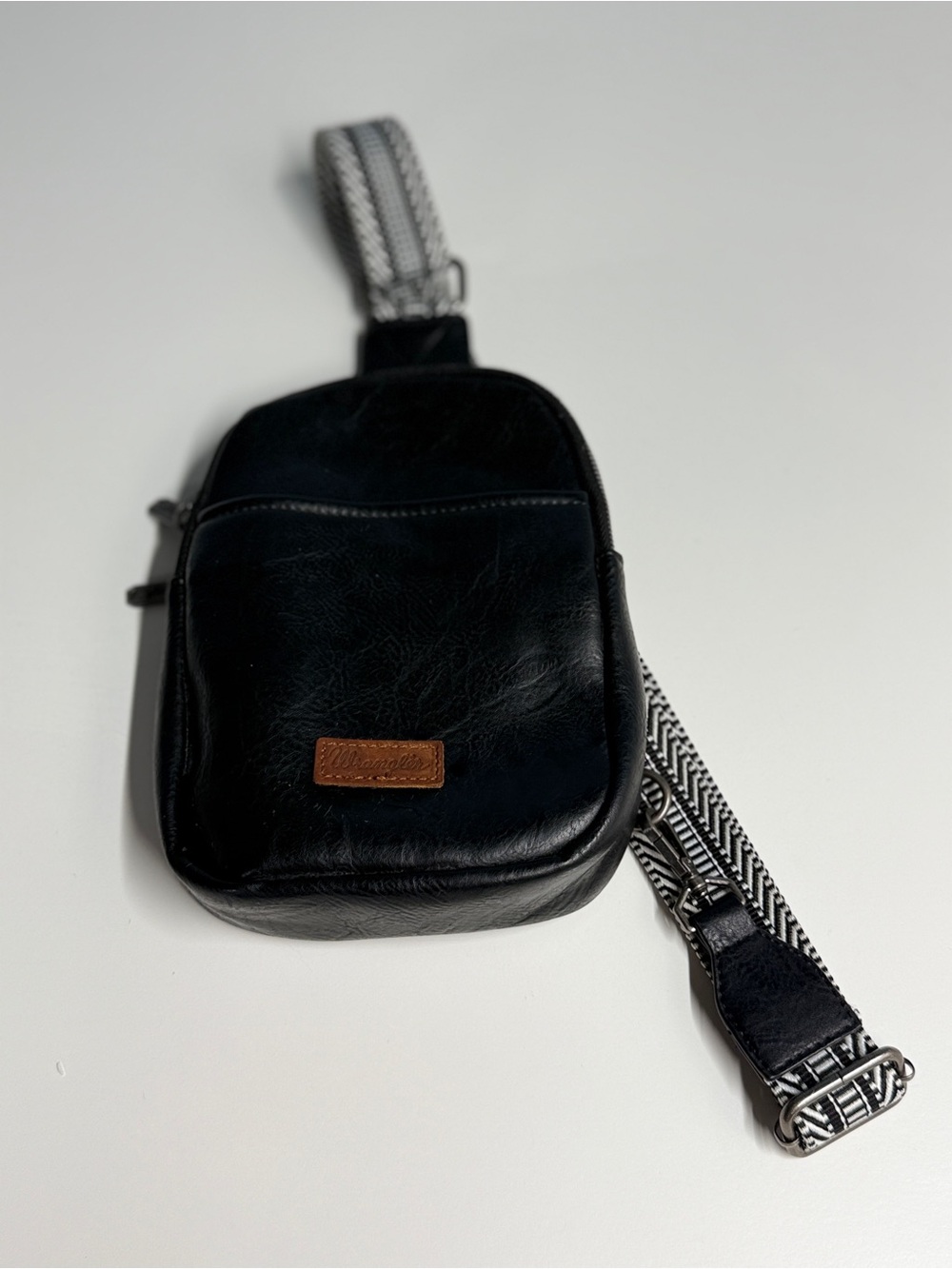 Wrangler Black Crossbody Bag with Monochrome Patterned Strap